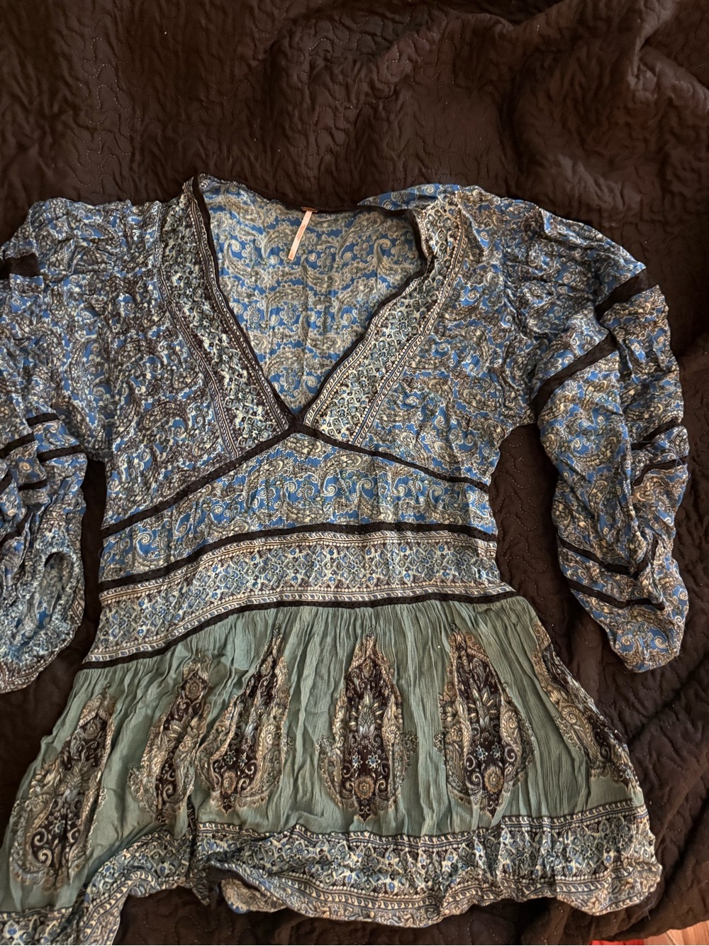 Free People Blue & Sage Paisley Peasant Top